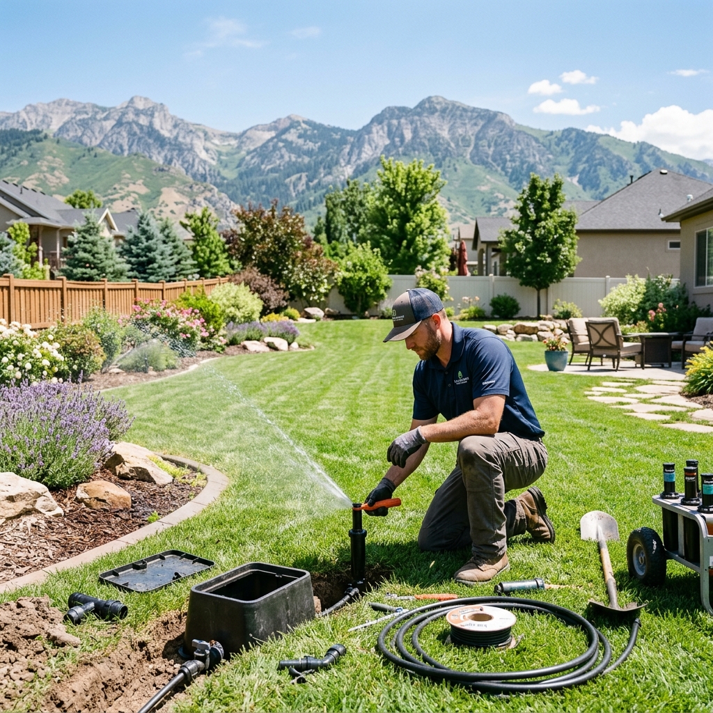 Sprinkler installation in a Northern Utah backyard with mountain views